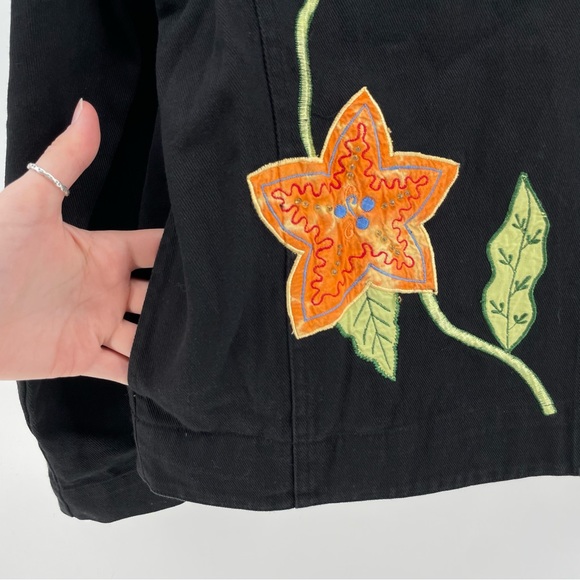 Vintage White Stag Womens Denim Jacket Black Floral Butterflies Beaded L - Picture 2 of 6